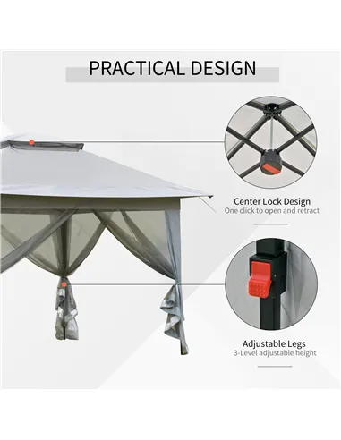 Outsunny 3.6 x 3.6 m Pop up Gazebo with Netting, Height Adjustable Party Tent Instant Canopy Sun Shade Shelter, Grey