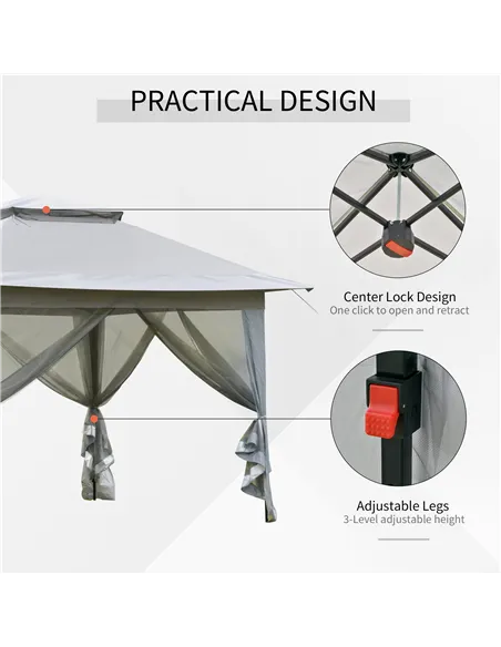 Outsunny 3.6 x 3.6 m Pop up Gazebo with Netting, Height Adjustable Party Tent Instant Canopy Sun Shade Shelter, Grey