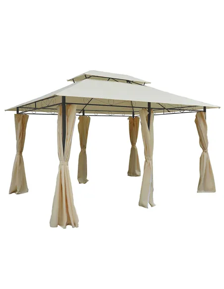 Outsunny 4m x 3(m)Garden Gazebo, Double Roof Outdoor Gazebo Canopy Shelter with Curtains, Solid Steel Frame for Lawn and Deck, B