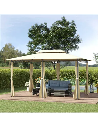 Outsunny 4m x 3(m)Garden Gazebo, Double Roof Outdoor Gazebo Canopy Shelter with Curtains, Solid Steel Frame for Lawn and Deck, B
