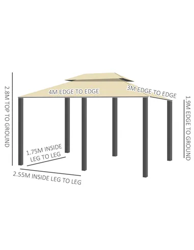 Outsunny 4m x 3(m)Garden Gazebo, Double Roof Outdoor Gazebo Canopy Shelter with Curtains, Solid Steel Frame for Lawn and Deck, B