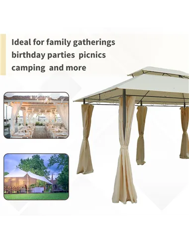 Outsunny 4m x 3(m)Garden Gazebo, Double Roof Outdoor Gazebo Canopy Shelter with Curtains, Solid Steel Frame for Lawn and Deck, B