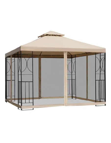 Outsunny 3(m) x 3(m) Garden Gazebo, Double Roof Outdoor Gazebo Canopy Shelter with Netting, Solid Steel Frame for Garden, Lawn, 