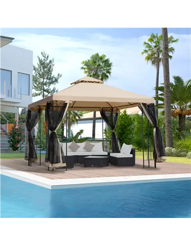 Outsunny 3(m) x 3(m) Garden Gazebo, Double Roof Outdoor Gazebo Canopy Shelter with Netting, Solid Steel Frame for Garden, Lawn, 