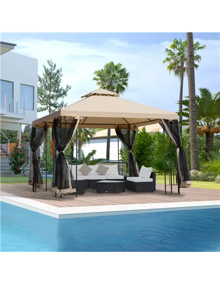 Outsunny 3(m) x 3(m) Garden Gazebo, Double Roof Outdoor Gazebo Canopy Shelter with Netting, Solid Steel Frame for Garden, Lawn, 