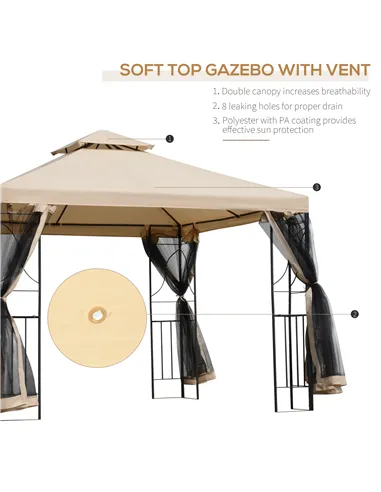 Outsunny 3(m) x 3(m) Garden Gazebo, Double Roof Outdoor Gazebo Canopy Shelter with Netting, Solid Steel Frame for Garden, Lawn, 