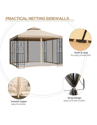 Outsunny 3(m) x 3(m) Garden Gazebo, Double Roof Outdoor Gazebo Canopy Shelter with Netting, Solid Steel Frame for Garden, Lawn, 