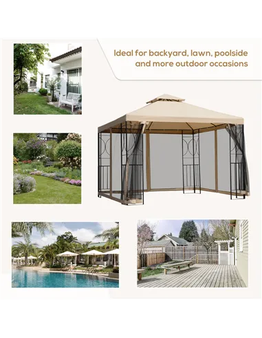 Outsunny 3(m) x 3(m) Garden Gazebo, Double Roof Outdoor Gazebo Canopy Shelter with Netting, Solid Steel Frame for Garden, Lawn, 
