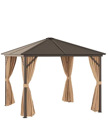 Outsunny 3 x 3(m) Metal Hardtop Gazebo, with Curtains and Accessories - Brown