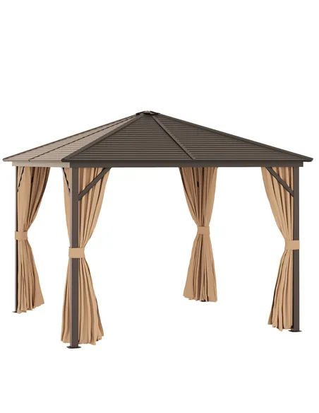 Outsunny 3 x 3(m) Metal Hardtop Gazebo, with Curtains and Accessories - Brown