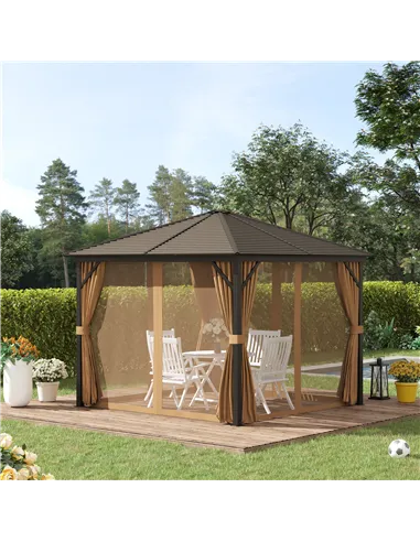 Outsunny 3 x 3(m) Metal Hardtop Gazebo, with Curtains and Accessories - Brown