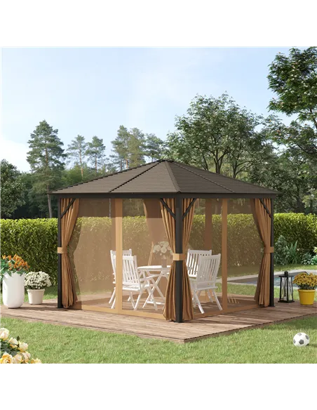 Outsunny 3 x 3(m) Metal Hardtop Gazebo, with Curtains and Accessories - Brown