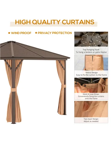 Outsunny 3 x 3(m) Metal Hardtop Gazebo, with Curtains and Accessories - Brown