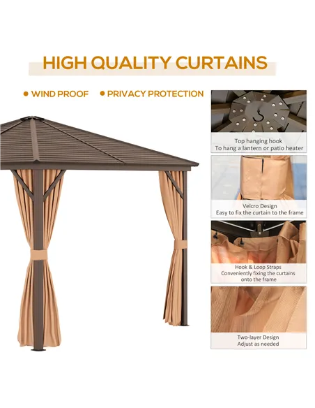 Outsunny 3 x 3(m) Metal Hardtop Gazebo, with Curtains and Accessories - Brown
