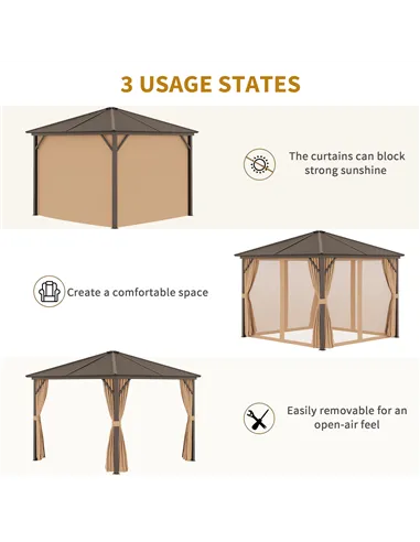 Outsunny 3 x 3(m) Metal Hardtop Gazebo, with Curtains and Accessories - Brown