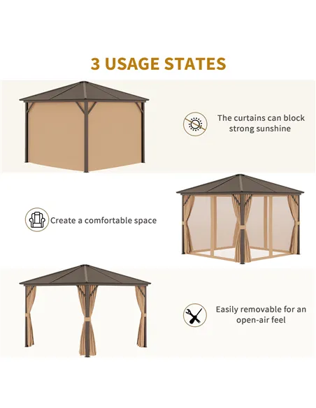 Outsunny 3 x 3(m) Metal Hardtop Gazebo, with Curtains and Accessories - Brown