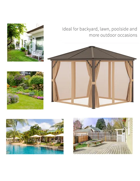 Outsunny 3 x 3(m) Metal Hardtop Gazebo, with Curtains and Accessories - Brown