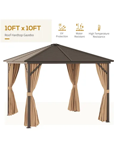 Outsunny 3 x 3(m) Metal Hardtop Gazebo, with Curtains and Accessories - Brown