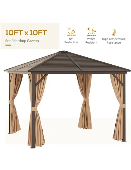 Outsunny 3 x 3(m) Metal Hardtop Gazebo, with Curtains and Accessories - Brown