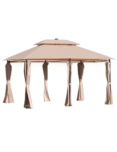 Outsunny 4 x 3(m) Outdoor Gazebo Canopy Party Tent Garden Pavilion Patio Shelter w/ LED Solar Light, Double Tier Roof, Curtains,