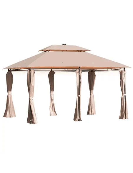 Outsunny 4 x 3(m) Outdoor Gazebo Canopy Party Tent Garden Pavilion Patio Shelter w/ LED Solar Light, Double Tier Roof, Curtains,