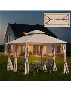 Outsunny 4 x 3(m) Outdoor Gazebo Canopy Party Tent Garden Pavilion Patio Shelter w/ LED Solar Light, Double Tier Roof, Curtains, 2