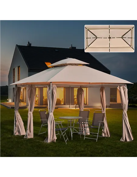 Outsunny 4 x 3(m) Outdoor Gazebo Canopy Party Tent Garden Pavilion Patio Shelter w/ LED Solar Light, Double Tier Roof, Curtains,