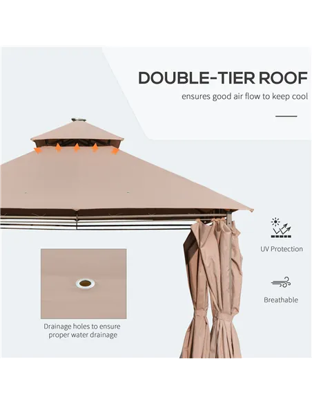 Outsunny 4 x 3(m) Outdoor Gazebo Canopy Party Tent Garden Pavilion Patio Shelter w/ LED Solar Light, Double Tier Roof, Curtains,