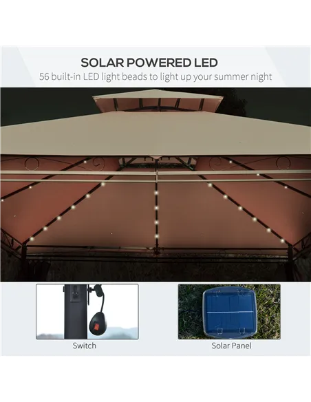 Outsunny 4 x 3(m) Outdoor Gazebo Canopy Party Tent Garden Pavilion Patio Shelter w/ LED Solar Light, Double Tier Roof, Curtains,