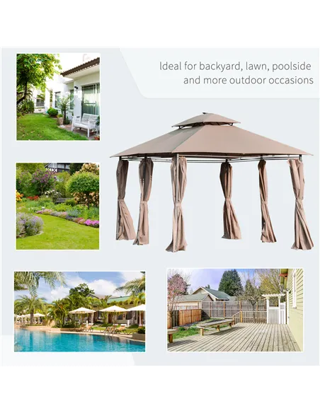 Outsunny 4 x 3(m) Outdoor Gazebo Canopy Party Tent Garden Pavilion Patio Shelter w/ LED Solar Light, Double Tier Roof, Curtains,