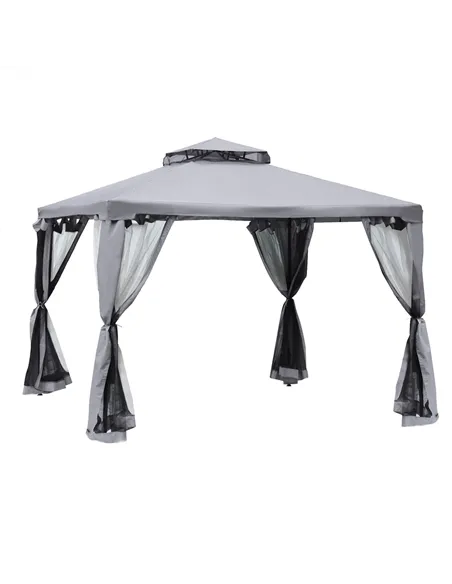 Outsunny 3 x 3 m Metal Gazebo, Garden Pavillion, Double Roof Outdoor Canopy Shelter with Mesh Sidewalls, Grey