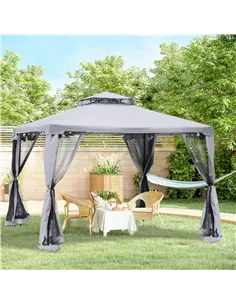 Outsunny 3 x 3 m Metal Gazebo, Garden Pavillion, Double Roof Outdoor Canopy Shelter with Mesh Sidewalls, Grey 2