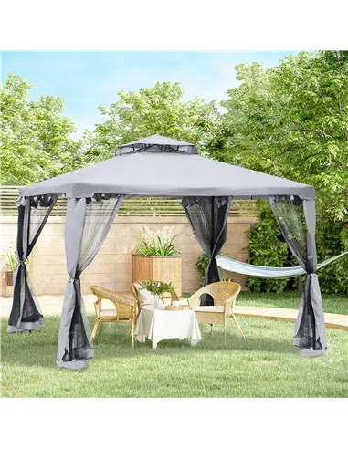 Outsunny 3 x 3 m Metal Gazebo, Garden Pavillion, Double Roof Outdoor Canopy Shelter with Mesh Sidewalls, Grey