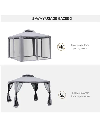 Outsunny 3 x 3 m Metal Gazebo, Garden Pavillion, Double Roof Outdoor Canopy Shelter with Mesh Sidewalls, Grey