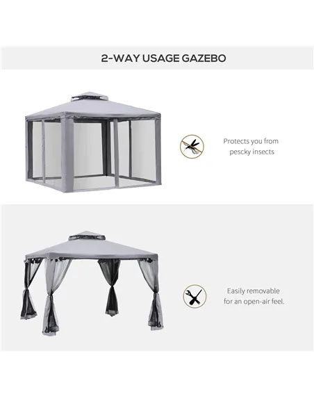 Outsunny 3 x 3 m Metal Gazebo, Garden Pavillion, Double Roof Outdoor Canopy Shelter with Mesh Sidewalls, Grey