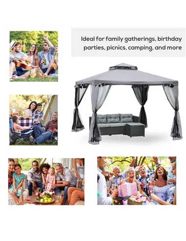 Outsunny 3 x 3 m Metal Gazebo, Garden Pavillion, Double Roof Outdoor Canopy Shelter with Mesh Sidewalls, Grey