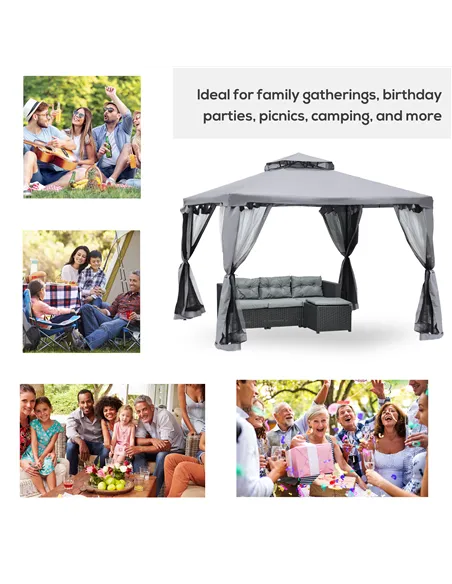 Outsunny 3 x 3 m Metal Gazebo, Garden Pavillion, Double Roof Outdoor Canopy Shelter with Mesh Sidewalls, Grey