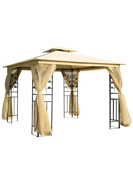Outsunny 3(m) x 3(m) Garden Gazebo, Double Roof Outdoor Gazebo Canopy Shelter with Netting, Solid Steel Frame, for Garden, Lawn 