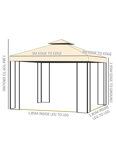Outsunny 3(m) x 3(m) Garden Gazebo, Double Roof Outdoor Gazebo Canopy Shelter with Netting, Solid Steel Frame, for Garden, Lawn 
