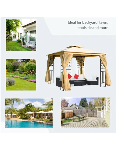 Outsunny 3(m) x 3(m) Garden Gazebo, Double Roof Outdoor Gazebo Canopy Shelter with Netting, Solid Steel Frame, for Garden, Lawn 