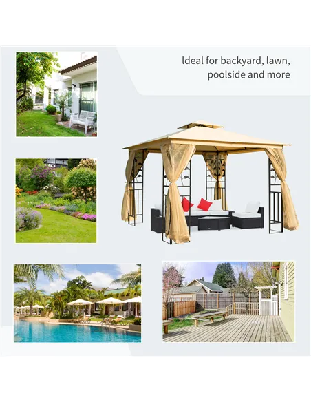 Outsunny 3(m) x 3(m) Garden Gazebo, Double Roof Outdoor Gazebo Canopy Shelter with Netting, Solid Steel Frame, for Garden, Lawn 