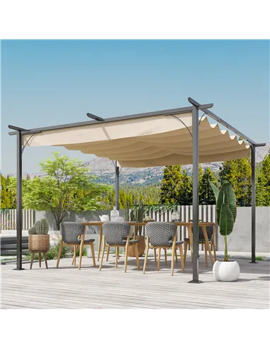 Outsunny 3.5M X 3.5M Metal Pergola Gazebo Awning Retractable Canopy Outdoor Garden Sun Shade Shelter Marquee Party BBQ, Beige