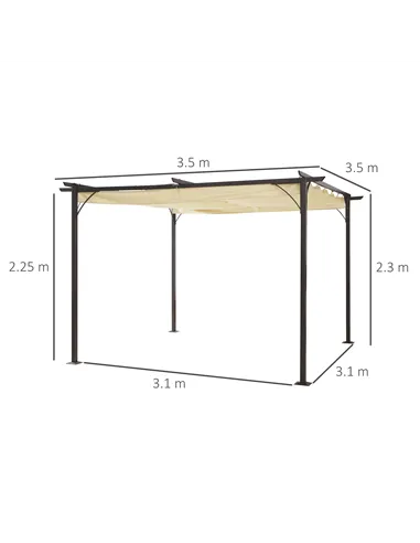 Outsunny 3.5M X 3.5M Metal Pergola Gazebo Awning Retractable Canopy Outdoor Garden Sun Shade Shelter Marquee Party BBQ, Beige