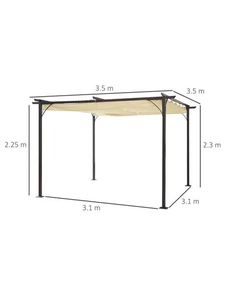 Outsunny 3.5M X 3.5M Metal Pergola Gazebo Awning Retractable Canopy Outdoor Garden Sun Shade Shelter Marquee Party BBQ, Beige
