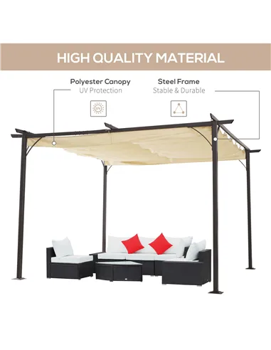 Outsunny 3.5M X 3.5M Metal Pergola Gazebo Awning Retractable Canopy Outdoor Garden Sun Shade Shelter Marquee Party BBQ, Beige