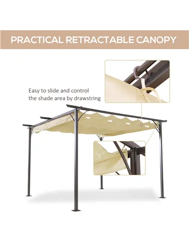 Outsunny 3.5M X 3.5M Metal Pergola Gazebo Awning Retractable Canopy Outdoor Garden Sun Shade Shelter Marquee Party BBQ, Beige