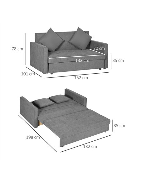 HOMCOM 2 Seater Sofa Bed, Convertible Bed Settee, Modern Velvet Loveseat Sofa Couch with 2 Cushions, Hidden Storage for Living R