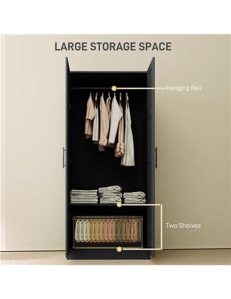 HOMCOM Double Panel Door Wardrobe, with Shelves - Black