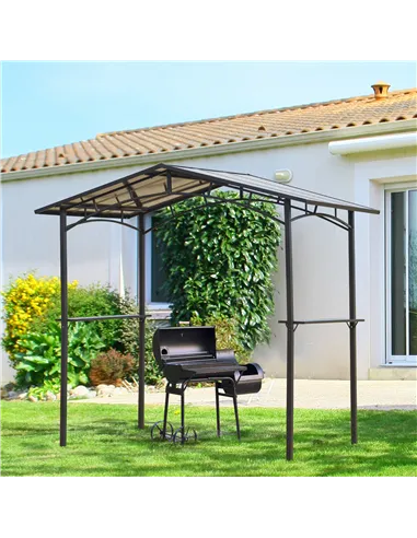 Outsunny 8ft x 5ft Outdoor BBQ Protective Gazebo Tent Aluminium Steel Frame w/ 2 Shelves Hardtop Roof Canopy Ground Stakes Safe 