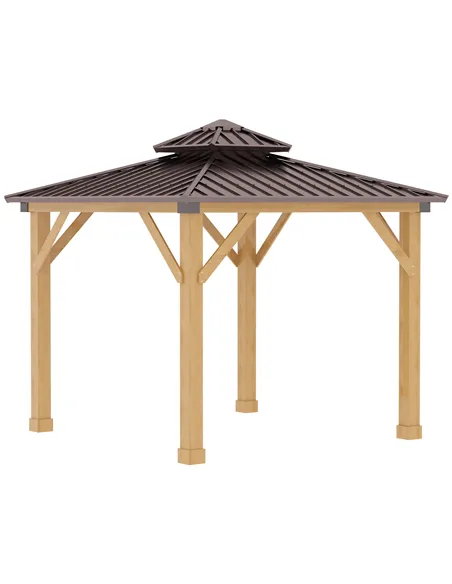 Outsunny 3x(3)M Outdoor Hardtop Gazebo Canopy with 2-Tier Roof and Solid Wood Frame, Outdoor Patio Shelter for Patio, Garden, Br